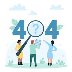 404 error, disconnected status vector illustration. Cartoon tiny people of technical support team looking through magnifying glass at 404 lettering with question mark to search network failure