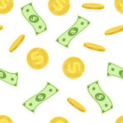 Dollar banknotes and golden coins seamless pattern