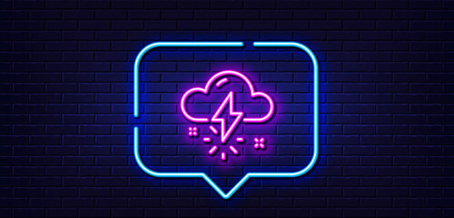 Neon light speech bubble. Thunderstorm weather line icon. Thunderbolt with cloud sign. Bad day symbol. Neon light background. Thunderstorm weather glow line. Brick wall banner. Vector