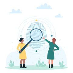 Fingerprint scan, privacy and verification vector illustration. Cartoon investigation of tiny people looking at fingerprint through magnifying glass, focus on personal identification in digital system