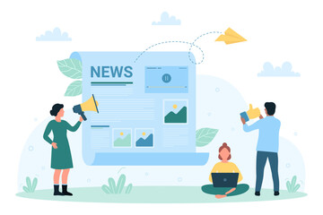 News campaign, newspaper, blog and newsletter vector illustration. Cartoon tiny people shout loud message in megaphones, characters amplify attention to information and promotion with loudspeakers