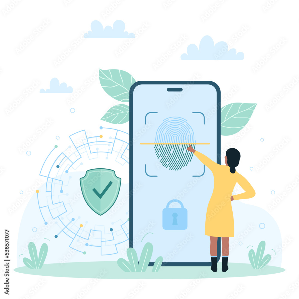 Poster biometric authentication, scanning fingerprint in mobile app vector illustration. cartoon tiny woman