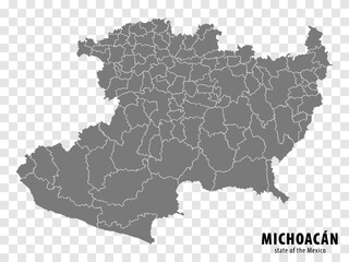State Michoacan of Mexico map on transparent background. Blank map of  Michoacan  with  regions in gray for your web site design, logo, app, UI. Mexico. EPS10.