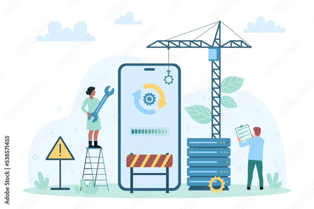 Poster mobile app design development vector illustration. cartoon tiny people building application interfac