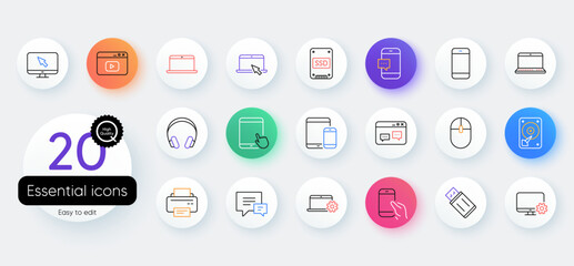 Fototapeta na wymiar Mobile device line icons. Bicolor outline web elements. Laptop, Tablet PC and Smartphone icons. HDD, SSD and Flash drive. Headphones, Printer and tablet device. Mouse, ssd disk, mobile laptop. Vector