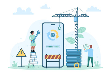 Mobile app design development vector illustration. Cartoon tiny people building application interface with construction crane and software, builders work with engineering startup on phone screen