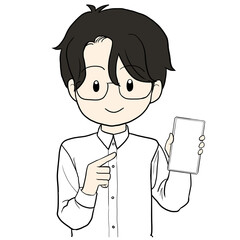 スマホを指差す男性　カラー