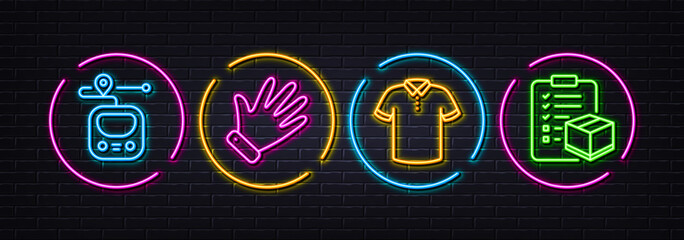 Metro, Hand and T-shirt minimal line icons. Neon laser 3d lights. Parcel checklist icons. For web, application, printing. Transit journey, Waving palm, Short sleeves shirt. Logistics check. Vector
