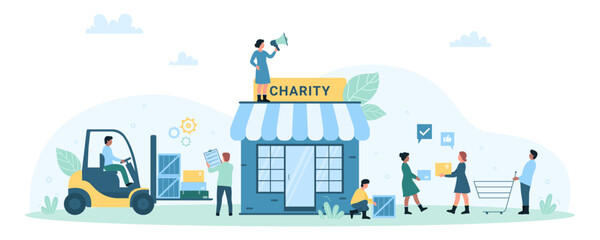 Charity, delivery, collection and storage donation boxes vector illustration. Cartoon tiny people volunteering, loading humanitarian aid boxes by forklift, volunteers help in coordination center
