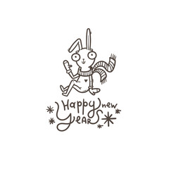 New Year card with hare. Chinese calendar symbol. Vector holiday poster. Funny animal. Cheerful rabbiti. Funny hare print. Anthropomorphic character for desing.