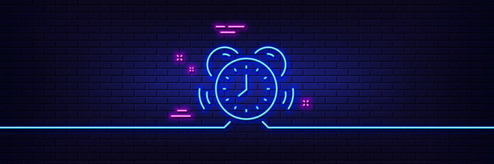 Fototapeta Neon light glow effect. Time management line icon. Alarm clock sign. Watch symbol. 3d line neon glow icon. Brick wall banner. Time management outline. Vector obraz