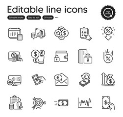 Set of Finance outline icons. Contains icons as Online shopping, Checklist and Lock elements. Stock analysis, Euro money, Graph chart web signs. Report statistics, Receive money. Vector