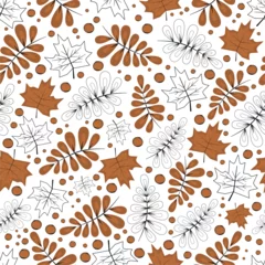Foto op Plexiglas seamless autumn pattern Vector, brown leaves and plants, flat fall design, cozy fall, print for fabric, hello autumn, fall wallpaper, floral forest ornament on a light background for stationery © Екатерина Бирюкова