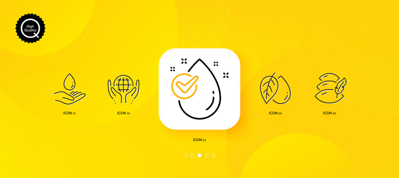 Mineral oil, Water care and Pillow minimal line icons. Yellow abstract background. Organic tested, Water drop icons. For web, application, printing. Organic tested, Aqua drop, Sleep cushion. Vector