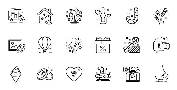 Outline set of Discount offer, Travel luggage and Puzzle image line icons for web application. Talk, information, delivery truck outline icon. Include Fireworks, Sleep, Love champagne icons. Vector