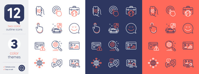 Set of Businessman case, Logistics network and Hand click line icons. Include Car service, Internet warning, Seo analytics icons. Click, Search statistics, Seo statistics web elements. Vector