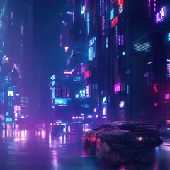Cyberpunk 3D illustration of futuristic cityscape. City of the future at bright multicolored neon night. Neon Haze. Night urban landscape.
