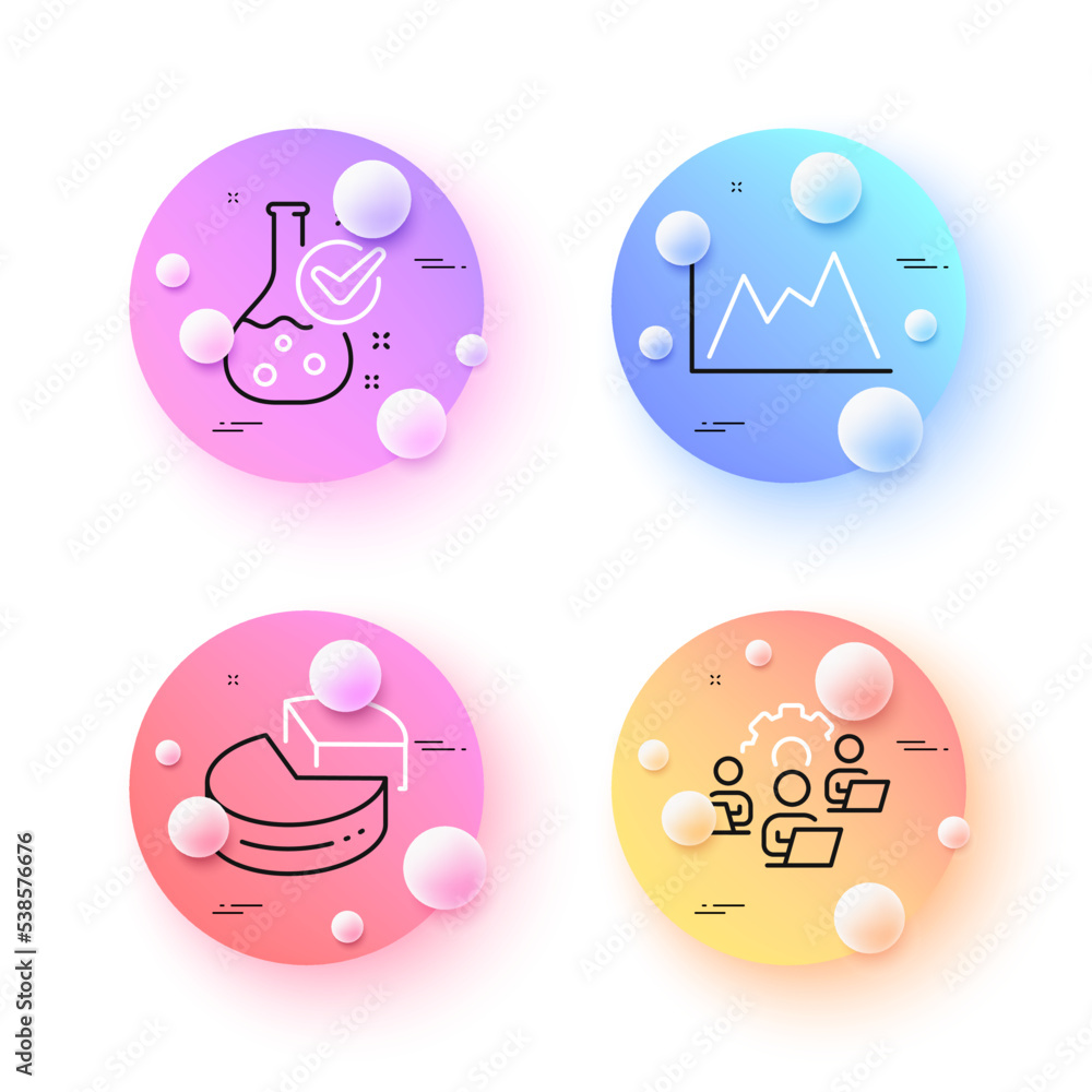 Poster chemistry lab, pie chart and teamwork minimal line icons. 3d spheres or balls buttons. diagram icons