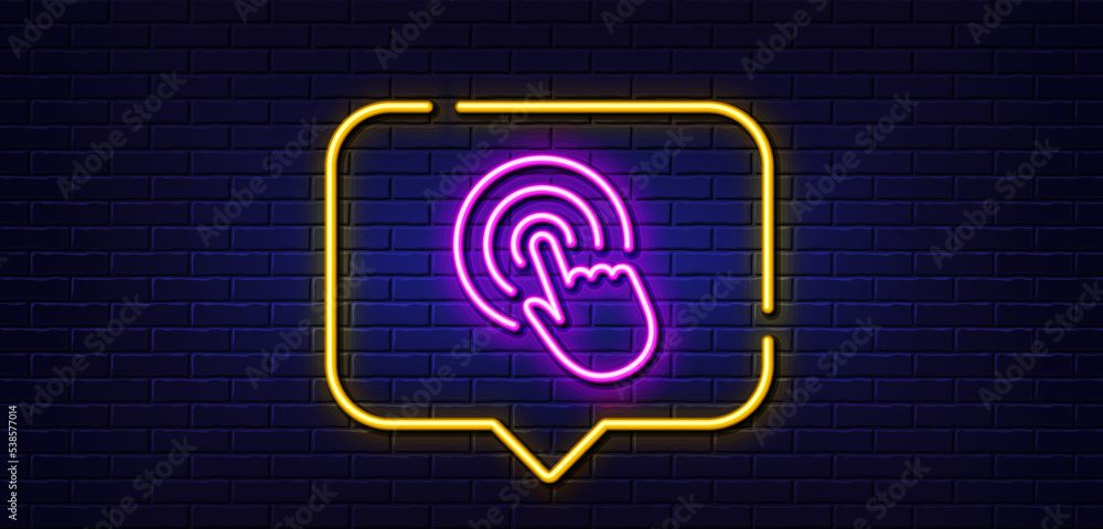 Aufkleber neon light speech bubble. hand click line icon. finger touch sign. cursor pointer symbol. neon light