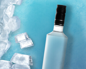 Ice cubes and bottle of vodka on light blue background, top view