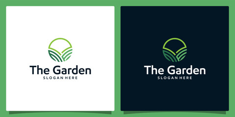 Farmland logo design template with abstract lines, green field symbol. Farm food badge logo graphic design vector illustration. Symbol, icon, creative