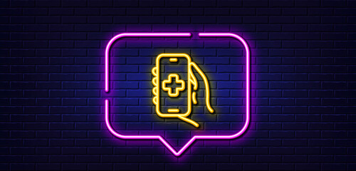 Neon light speech bubble. Health phone app line icon. Medical healthcare sign. Online doctor symbol. Neon light background. Health app glow line. Brick wall banner. Vector