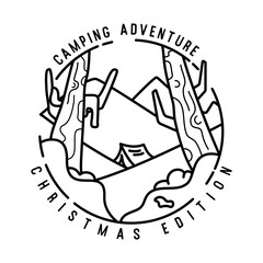 Mountain Camping christmas badge design with winter landscape in line art style and quote Camping adventure Christmas edition. Travel logo graphics. Stock vector label