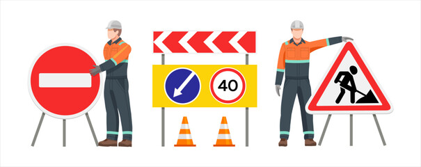 Fototapeta premium A road worker stands at a Road Works and Stop sign. Road signs. Travel ban. Road repair. Vector illustration
