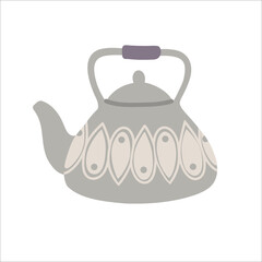Grey teapot on white background. Flat vector illustration. Boho style.
