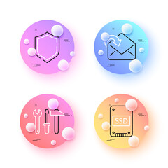 Shield, Receive mail and Spanner tool minimal line icons. 3d spheres or balls buttons. Ssd icons. For web, application, printing. Safe secure, Incoming message, Repair screwdriver. Vector