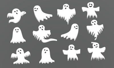 halloween party, ghosts with good face expression in 3d three-dimensional graphics, ready to ask: trick or treach? allegories for graphics on halloween party
