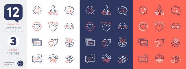 Set of Love glasses, Love gift and Buyer line icons. Include Male female, Photo album, Delivery icons. Sale, Buyers, Yummy smile web elements. Sun, Heart target, Heart. Spectacles with hearts. Vector