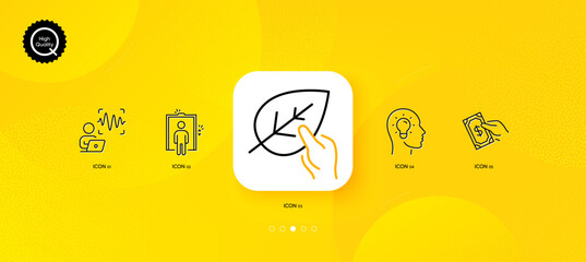 Fototapeta na wymiar Idea head, Voice wave and Organic tested minimal line icons. Yellow abstract background. Elevator, Pay money icons. For web, application, printing. Lightbulb, Sound identity, Paraben. Lift. Vector