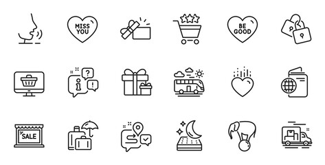 Outline set of Opened gift, Web shop and Miss you line icons for web application. Talk, information, delivery truck outline icon. Include Surprise package, Sale, Travel passport icons. Vector