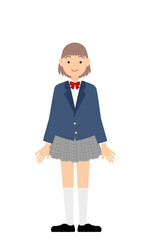 女子生徒、ブレザーの制服、両手を下ろして棒立ちする
