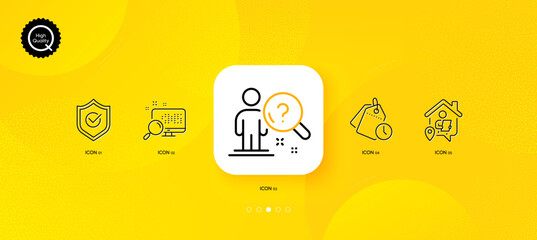Fototapeta na wymiar Search, Work home and Time management minimal line icons. Yellow abstract background. Search employee, Approved shield icons. For web, application, printing. Vector