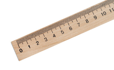 Wooden ruler with measuring length markings in centimeters isolated on white