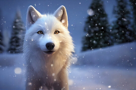 White Wolf in Winter Snow, Christmas made with AI, Artificial Intelligence