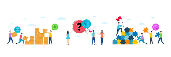 Star, Image carousel and Global insurance minimal line icons. People characters with puzzle, delivery parcel. Employees messenger icons. For web, application, printing. Vector