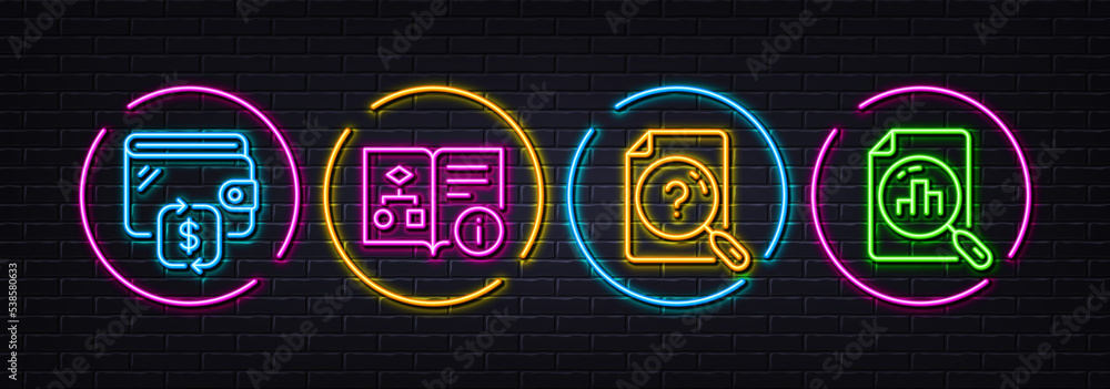Poster wallet, search document and technical algorithm minimal line icons. neon laser 3d lights. analytics 