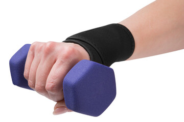 A woman's hand with a black wristband on her wrist, in her hand a lilac dumbbell, concept, on a white background, isolate