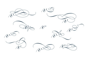 Set of beautiful calligraphic flourishes on letter v isolated on white background for decorating text and calligraphy on postcards or greetings cards. Vector illustration.