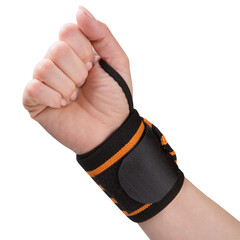 Female hand with a sports wristband on the wrist, the hand is raised up and clenched into a fist, on a white background, isolate