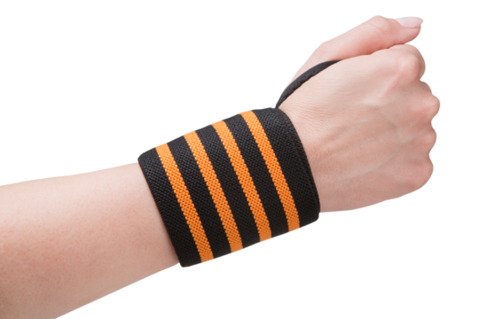 A sports wristband with orange stripes is worn on a female hand clenched into a fist, concept, on a white background, isolate