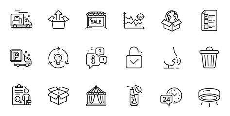 Outline set of Water glass, 24h service and Delivery service line icons for web application. Talk, information, delivery truck outline icon. Include Idea, Open box, Inspect icons. Vector