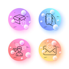 Secret package, Shop app and Conversation messages minimal line icons. 3d spheres or balls buttons. Approved mail icons. For web, application, printing. Vector