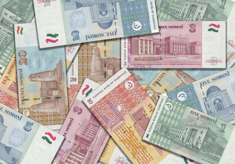 Paper money from Tajikistan. Tajikistani somoni. Close up banknotes from Tajikistan