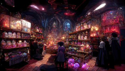 AI generated image of kids in a magic shop selling various magic related items 