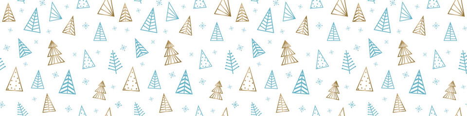 Golden Christmas trees - transparent background. Banner. PNG illustration