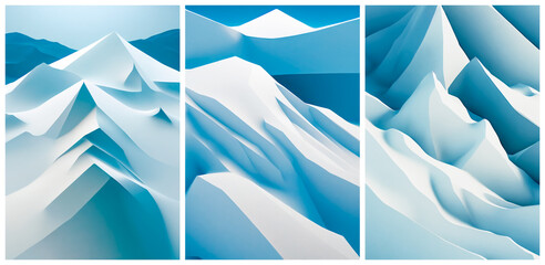 Outlines of white mountain peaks. A hand-painted series of three watercolor paintings.